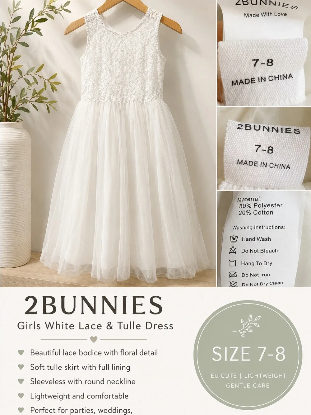 2Bunnies White Lace & Tulle Girls Formal Dress - Size 7-8